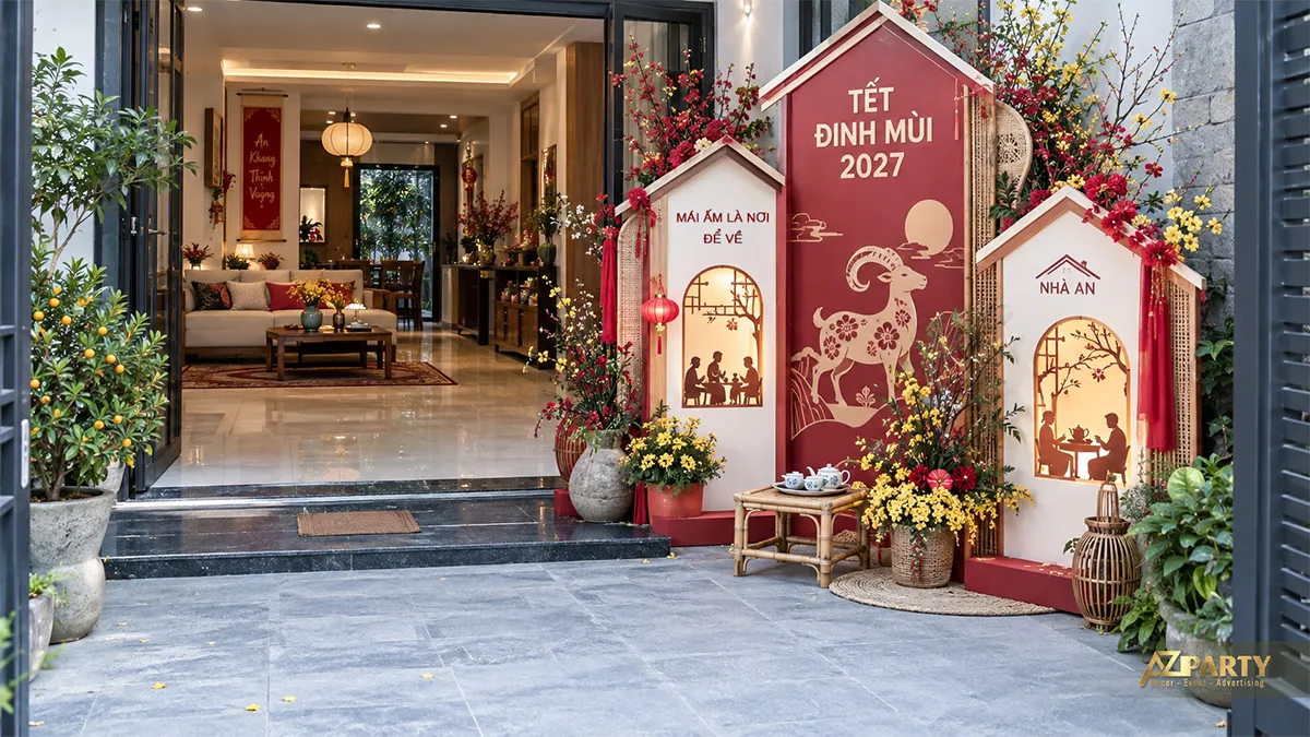 Cụm tiểu cảnh ba mái nhà bên hiên với đèn hắt và hoa xuân