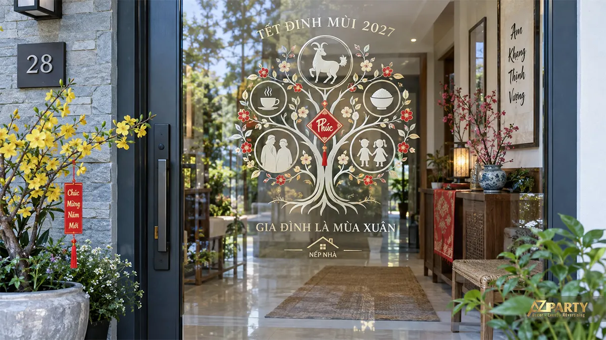 Decal cây gia đình màu trắng trên cửa kính ra vào