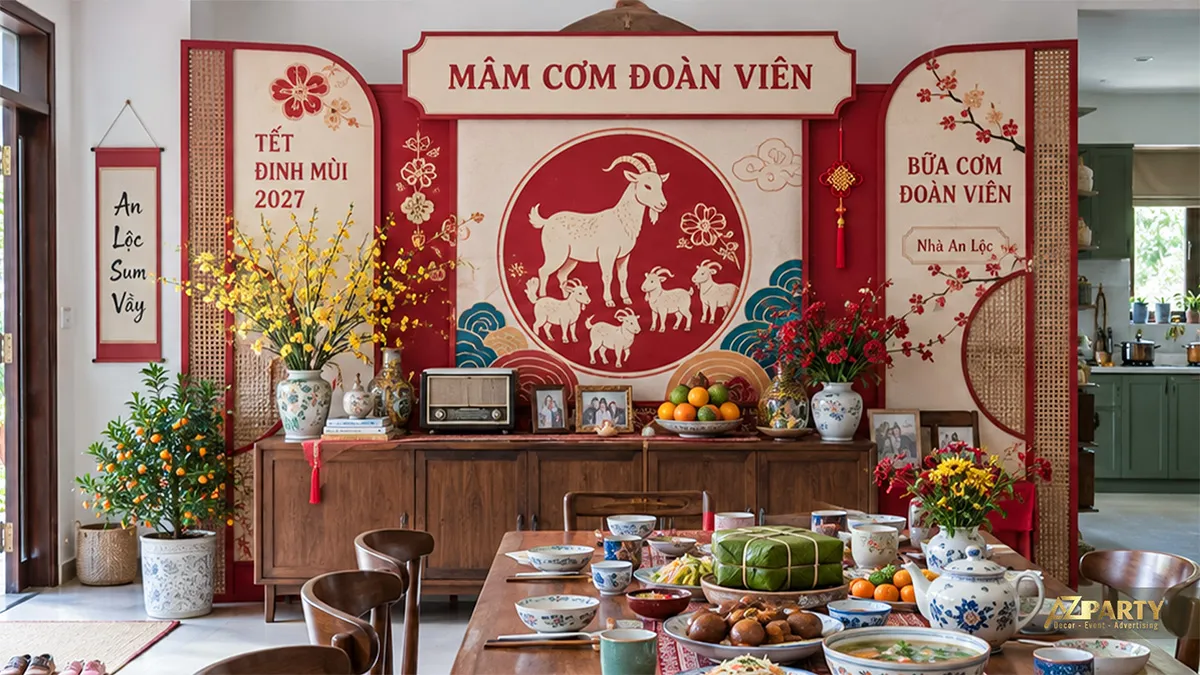 Bức vách mâm cơm đoàn viên sau bàn ăn với hoa mai đào