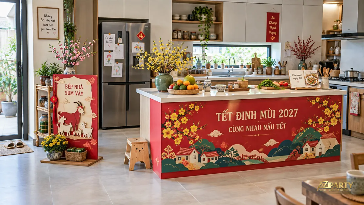 Quầy bếp trang trí Tết bằng tranh làng quê, hoa mai và bánh chưng
