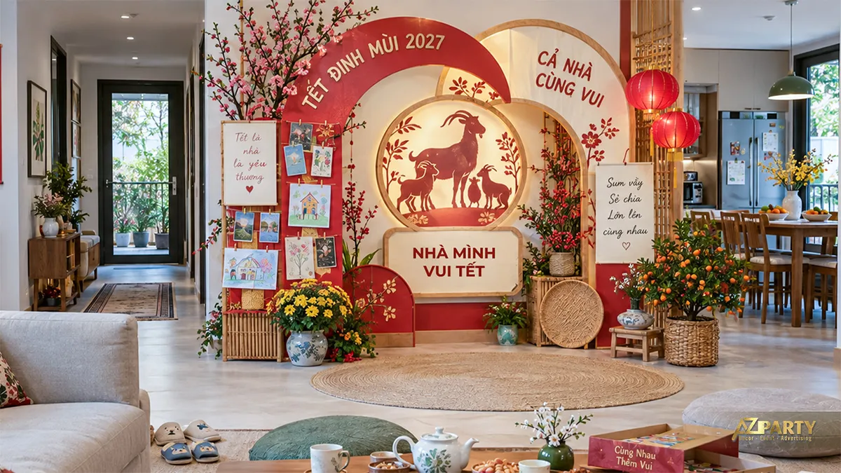 Backdrop phòng khách hình vòng cung với tranh trẻ em và đèn lồng