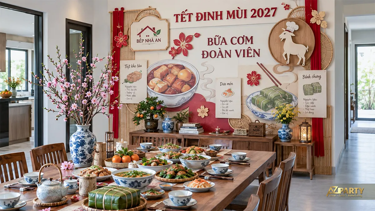 Backdrop bàn ăn minh họa thịt kho và bánh chưng ngày Tết