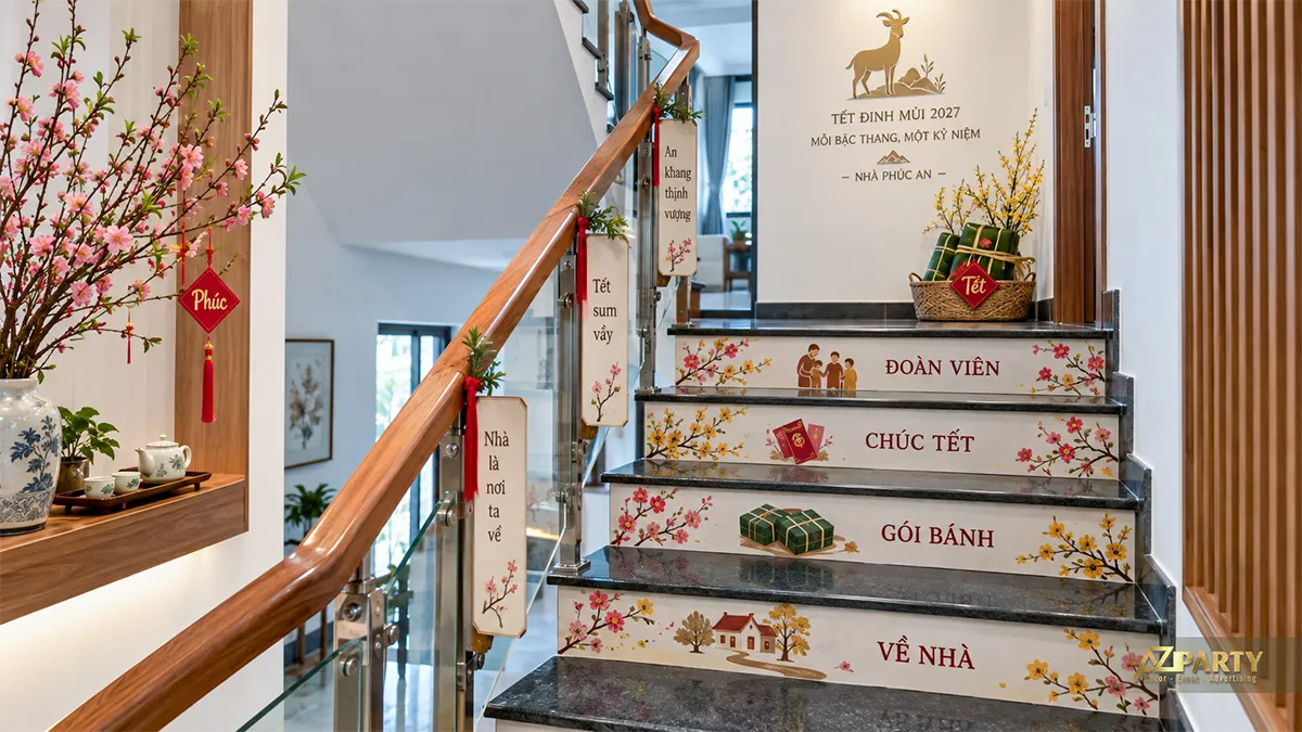 Cầu thang trang trí decal hoa xuân, bánh chưng và lời chúc đoàn viên