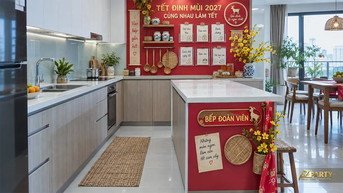 Góc bếp màu đỏ với bảng thực đơn Tết và vật dụng tre mây