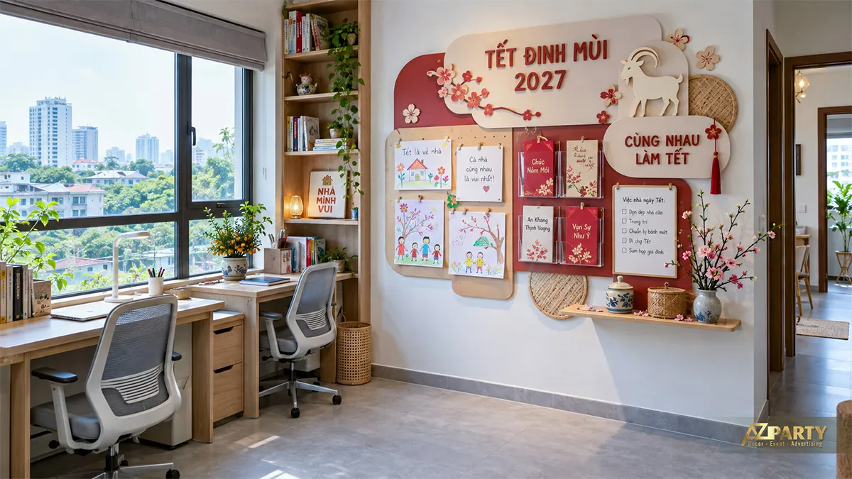 Mảng tường làm Tết của gia đình với tranh trẻ em và phong bao đỏ