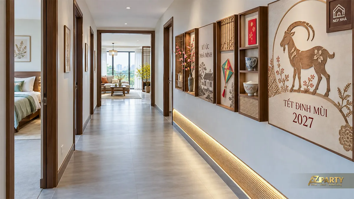 Hành lang trong nhà với bộ tranh gỗ về ký ức gia đình ngày Tết