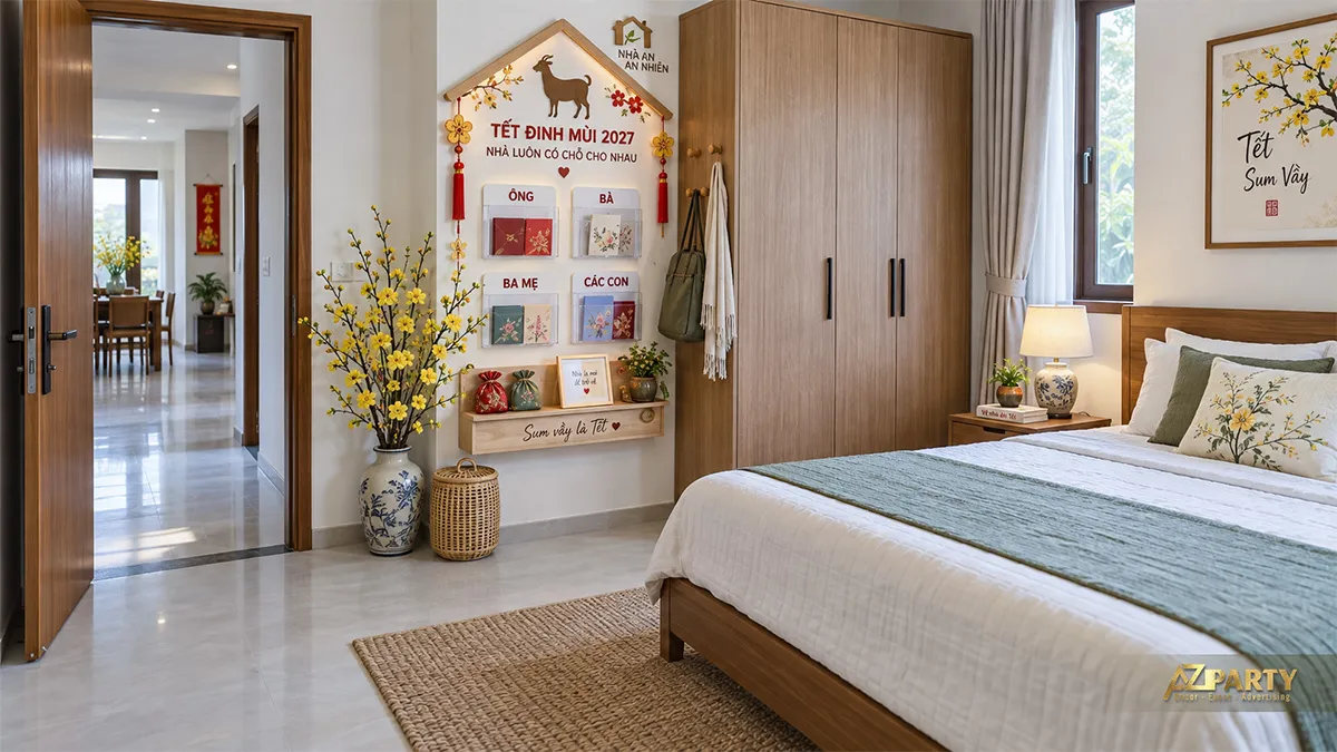 Góc phòng ngủ treo túi lời chúc cho từng thành viên trong nhà