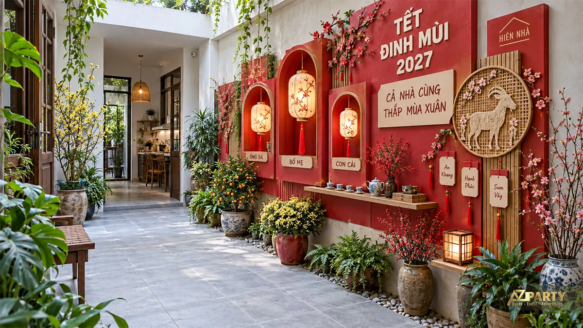 Mảng tường sân trong màu đỏ với đèn lồng và hoa đào mai