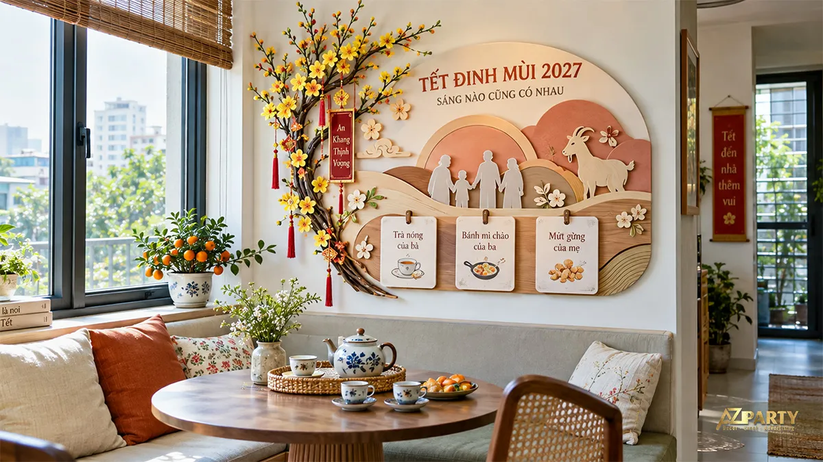 Góc bàn ăn nhỏ với phù điêu gỗ về gia đình và hoa mai