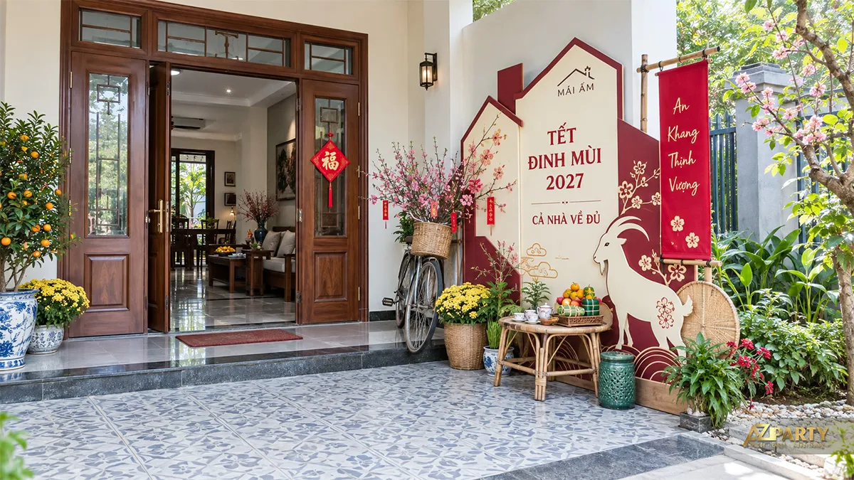 Tiểu cảnh trước cửa nhà hình mái ấm với xe đạp và bàn trà mây