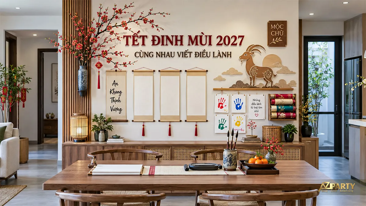 Bàn viết thư pháp tại nhà với cành đào và tranh dấu tay gia đình