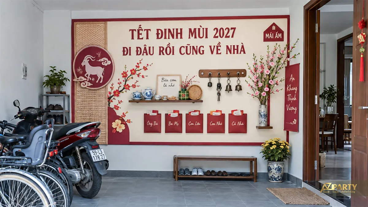 Mảng tường ở gara treo phong bao lời chúc cho từng thành viên