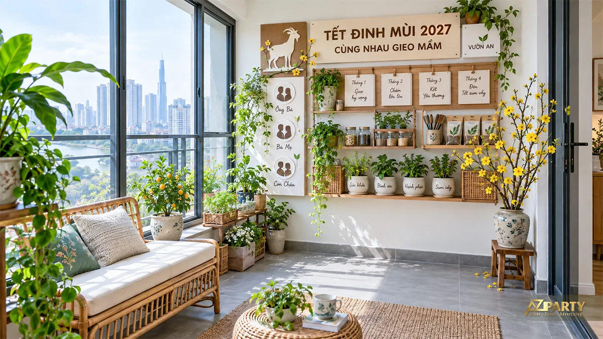 Ban công xanh với kệ cây và bảng mục tiêu gieo mầm đầu năm