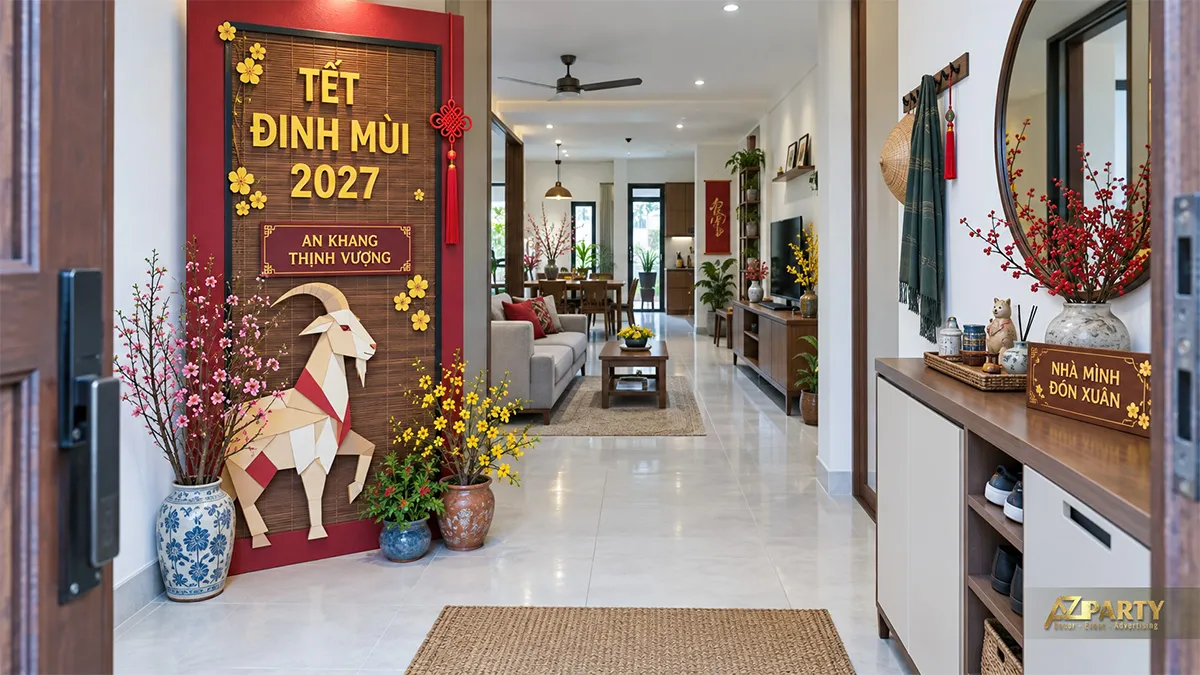 Tiểu cảnh ngay lối vào với nền mành tre và linh vật dê hình khối