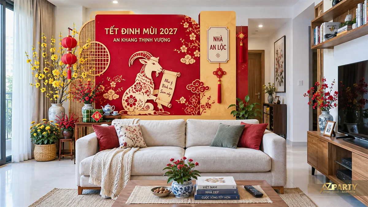 Backdrop đỏ sau sofa với linh vật dê viết lời chúc bình an