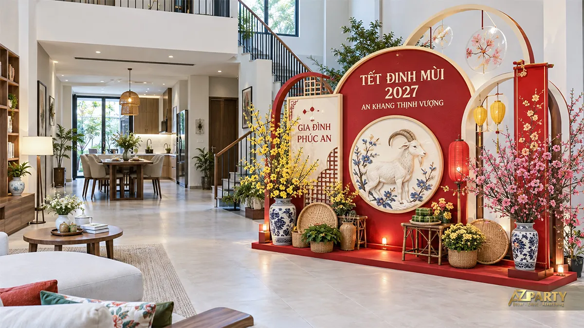 Tiểu cảnh phòng khách dạng vòm tròn với tranh dê và đèn lồng