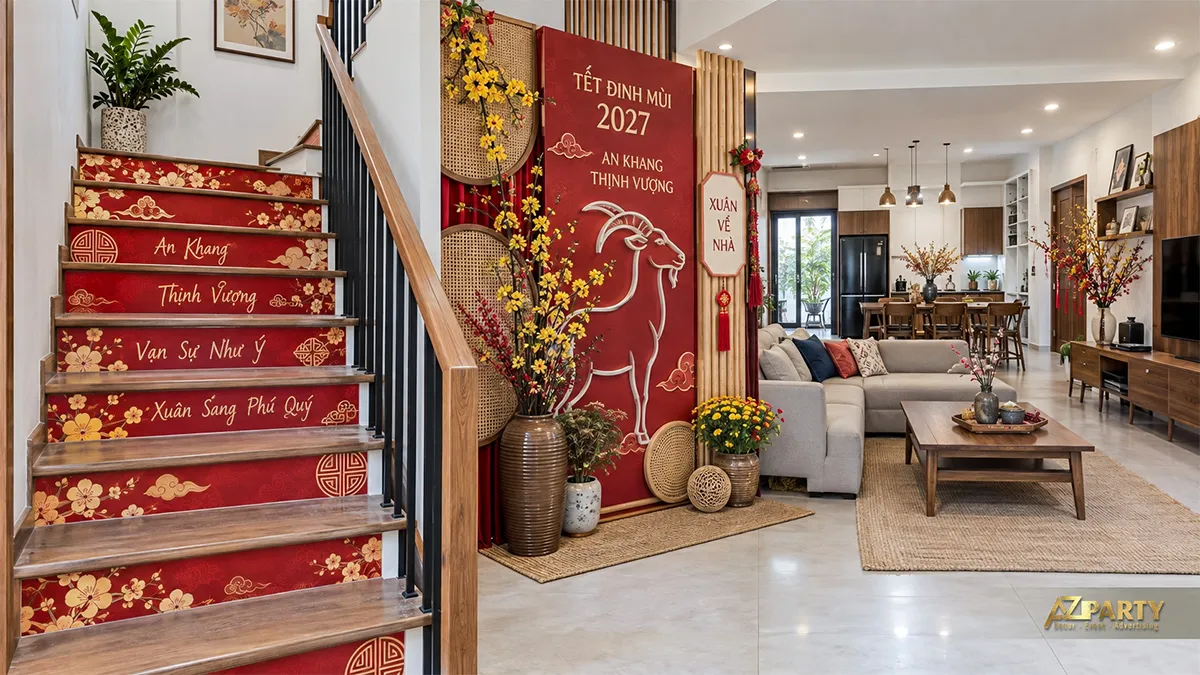 Cầu thang và mảng tường phòng khách đồng bộ sắc đỏ vàng ngày Tết