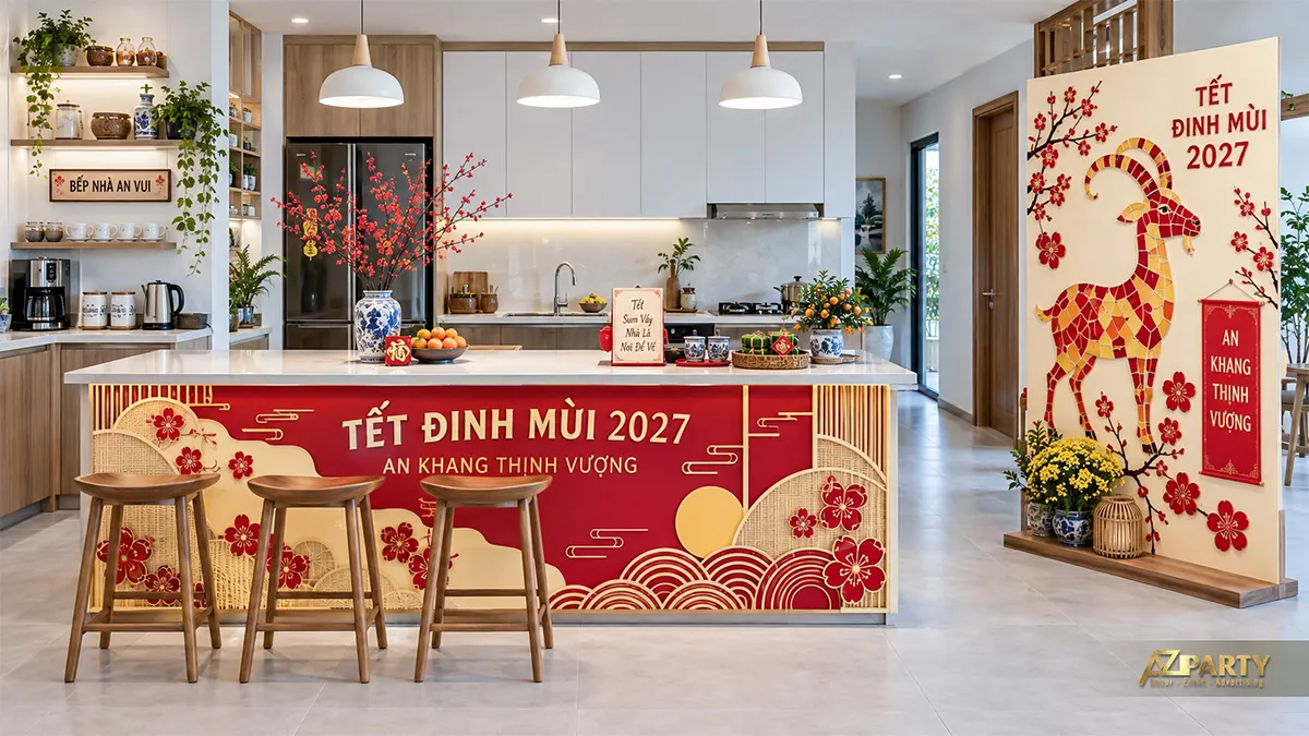 Quầy bếp và vách trang trí linh vật dê ghép mảnh màu đỏ vàng