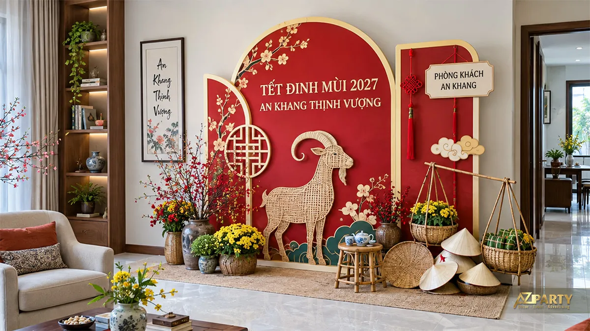 Backdrop phòng khách bằng tre đan với quang gánh hoa và nón lá