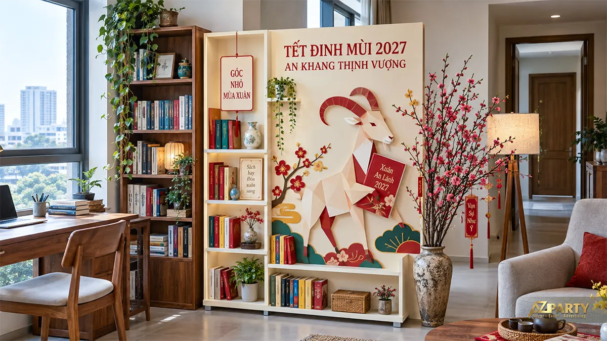 Góc thư viện tại nhà với linh vật dê hình khối và bình đào