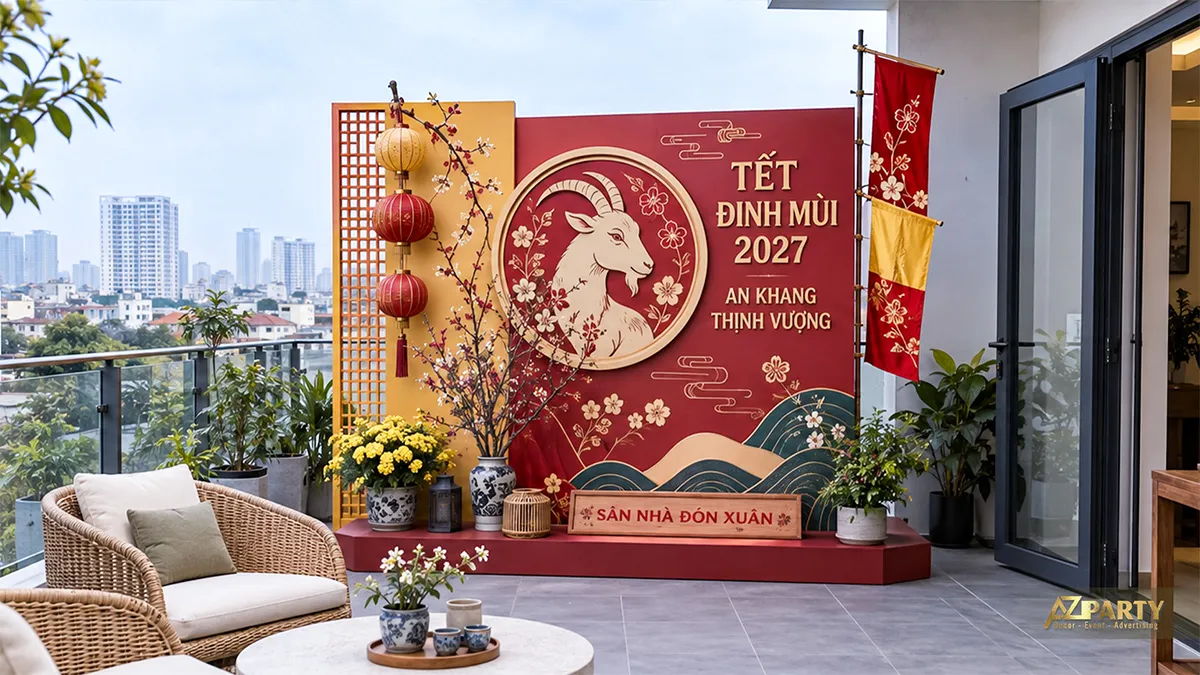 Backdrop sân thượng màu đỏ vàng với tranh dê và sóng cách điệu