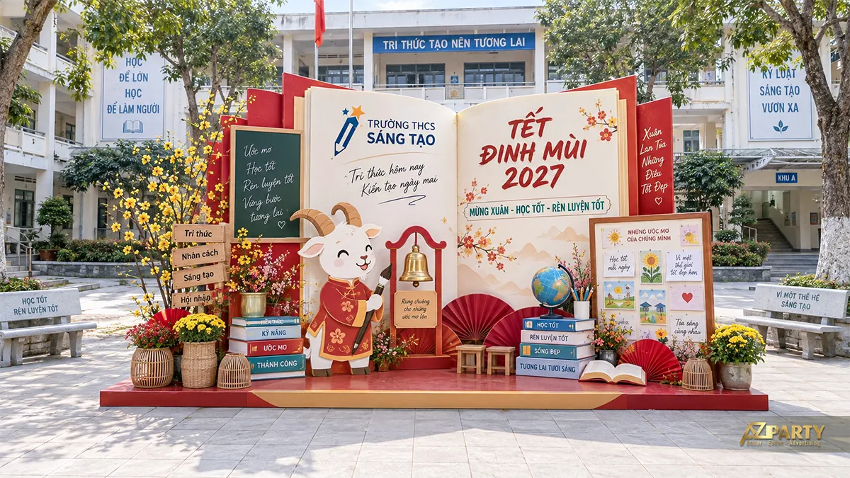 Góc check-in hình cuốn sách mở giữa sân trường với linh vật dê và bảng ước mơ