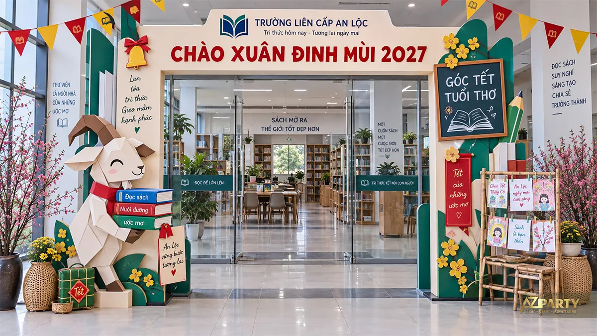 Cổng thư viện ngày Tết phối sắc đỏ xanh cùng linh vật dê ôm sách