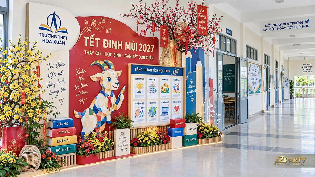 Mảng trang trí hành lang trường học với bảng thành tích và linh vật học sinh