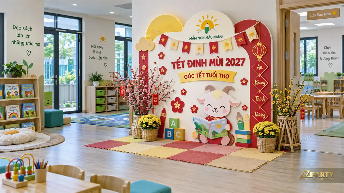 Góc đọc sách ngày Tết trong lớp mầm non với linh vật dê và bảng chữ cái