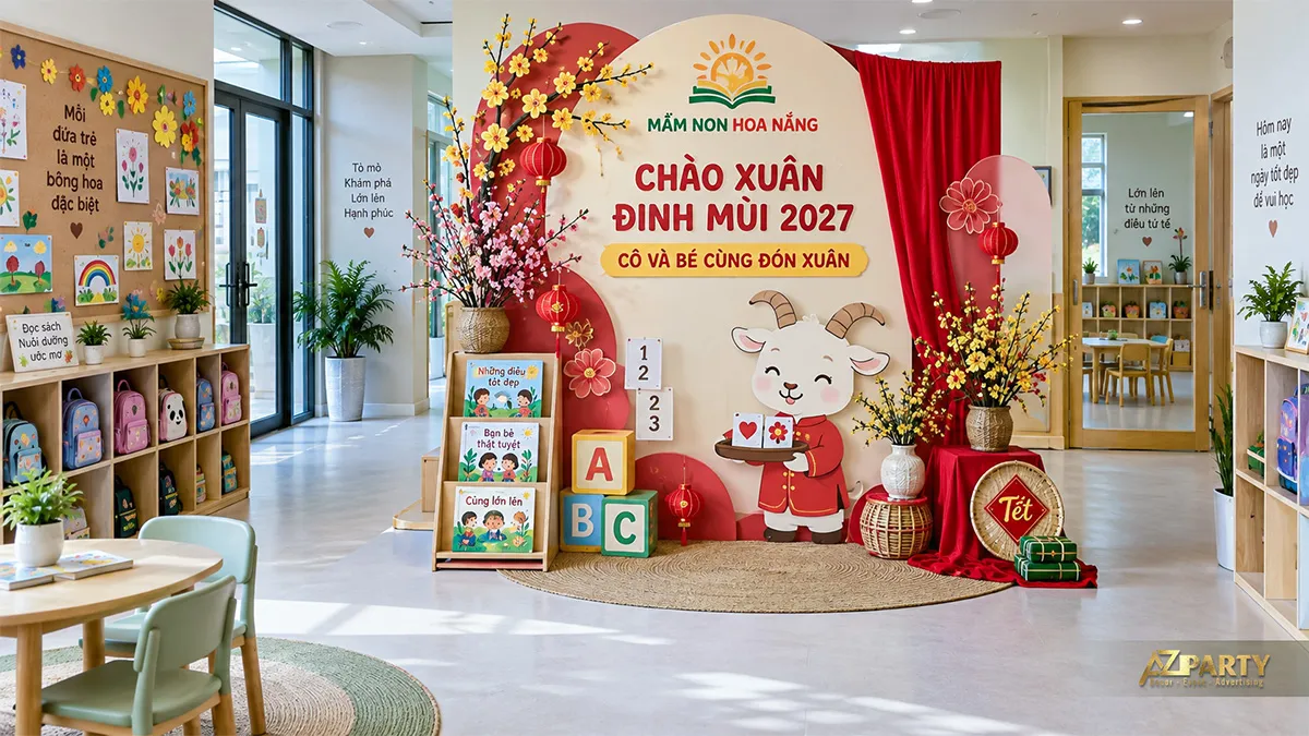 Góc chụp ảnh ở sảnh mầm non với linh vật dê, giá sách và cành đào mai