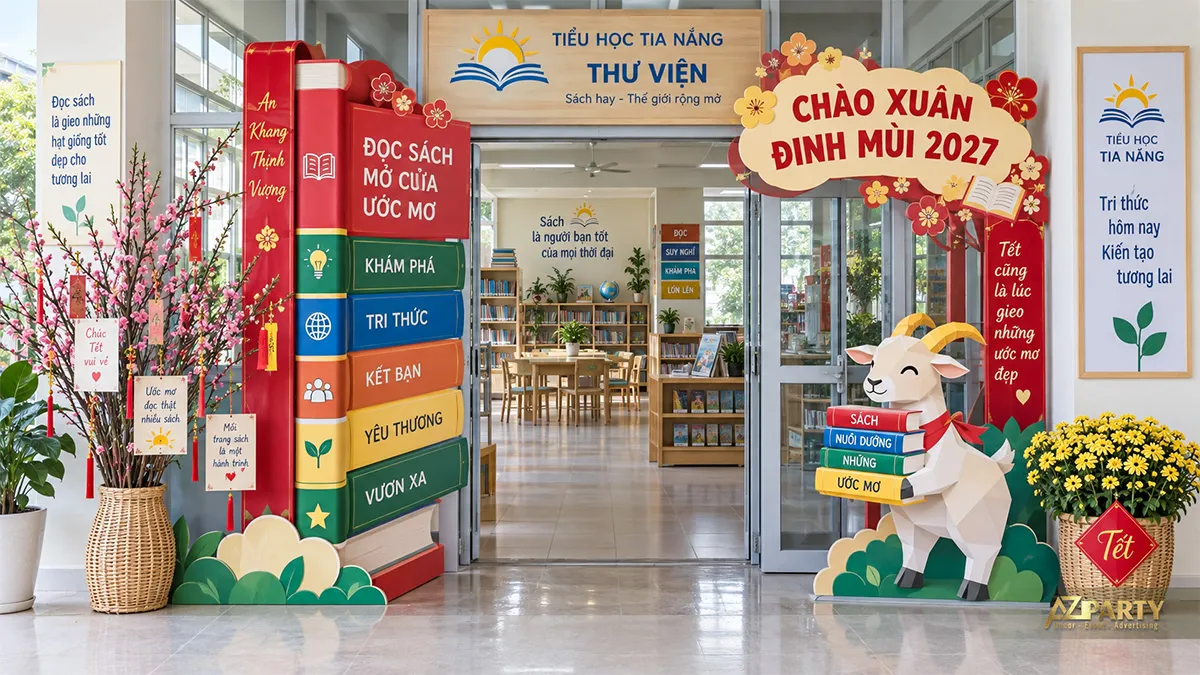 Cổng thư viện tiểu học tạo hình từ những cuốn sách và linh vật dê