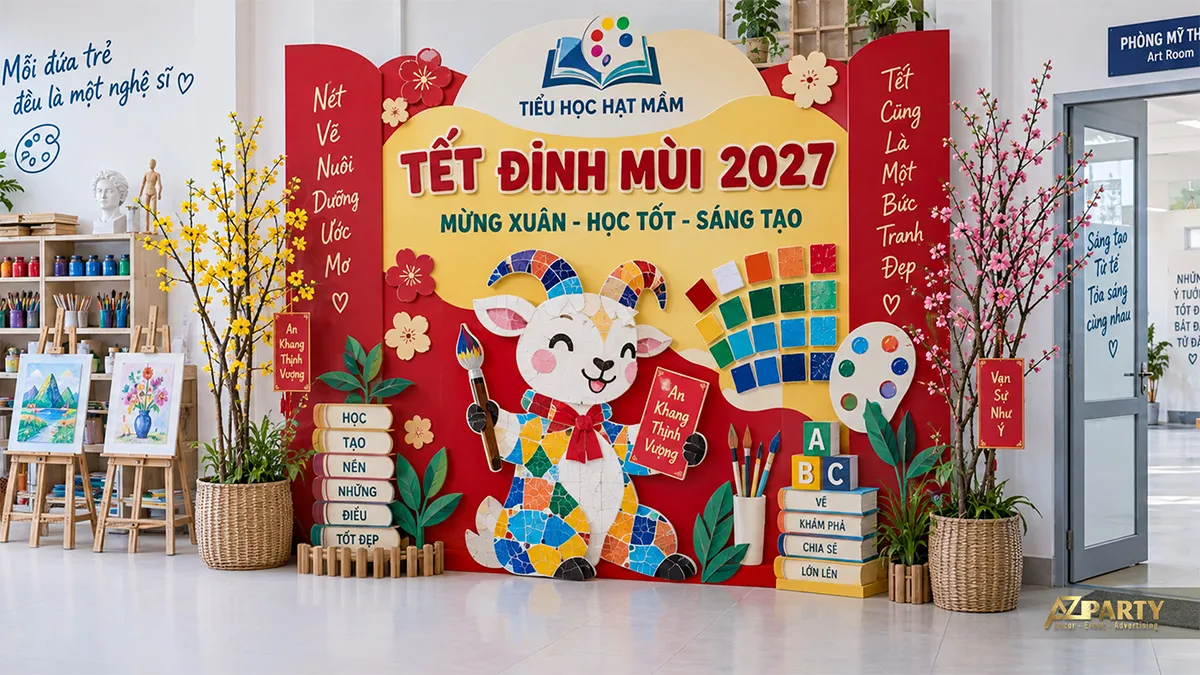 Backdrop phòng mỹ thuật với linh vật dê cầm cọ và tranh của học sinh