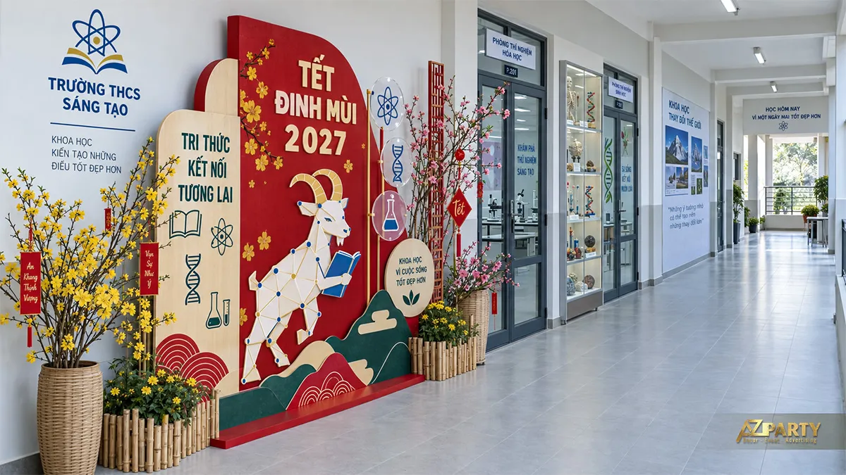 Tiểu cảnh hành lang phòng khoa học với biểu tượng ADN và dụng cụ thí nghiệm