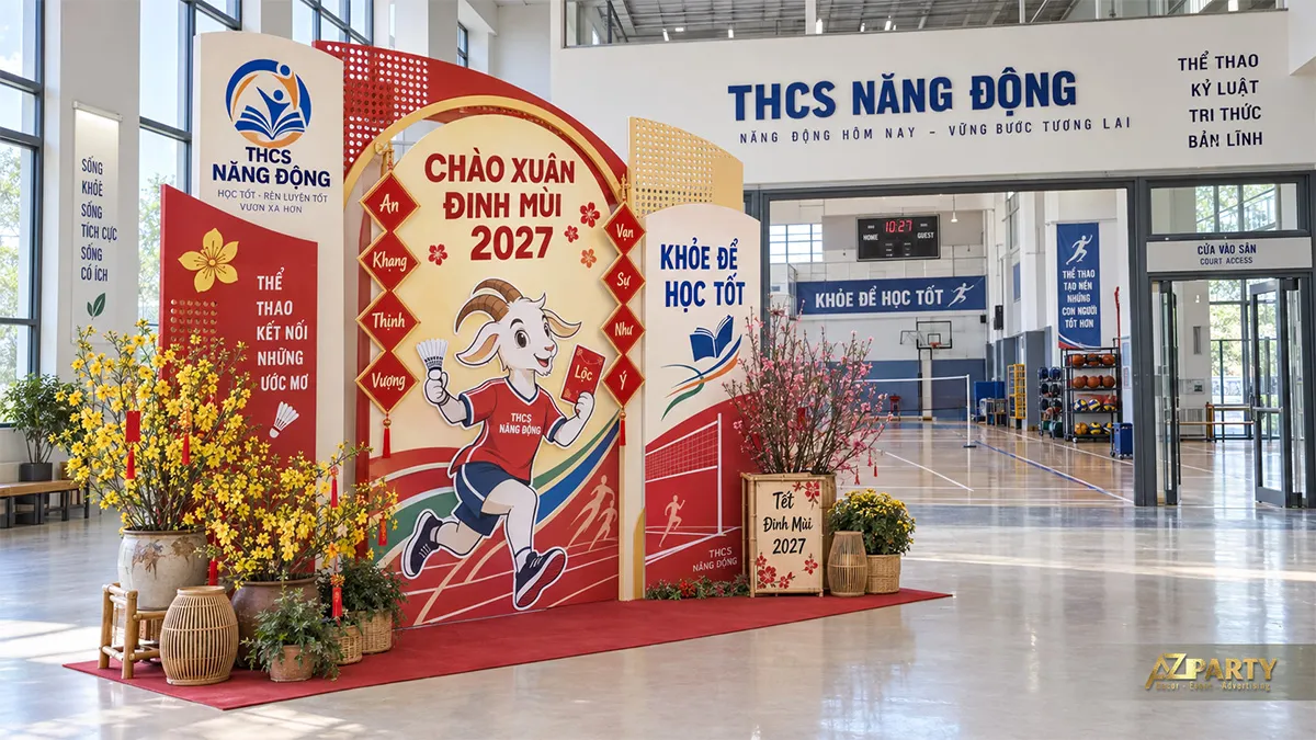 Góc đón xuân cạnh phòng thể chất với linh vật dê cầm vợt cầu lông