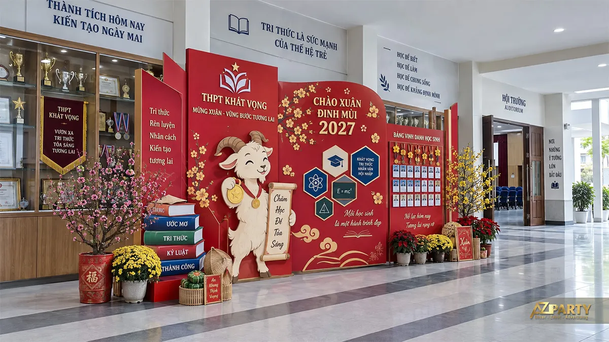 Backdrop sảnh trường trung học tôn vinh thành tích và ước mơ học sinh