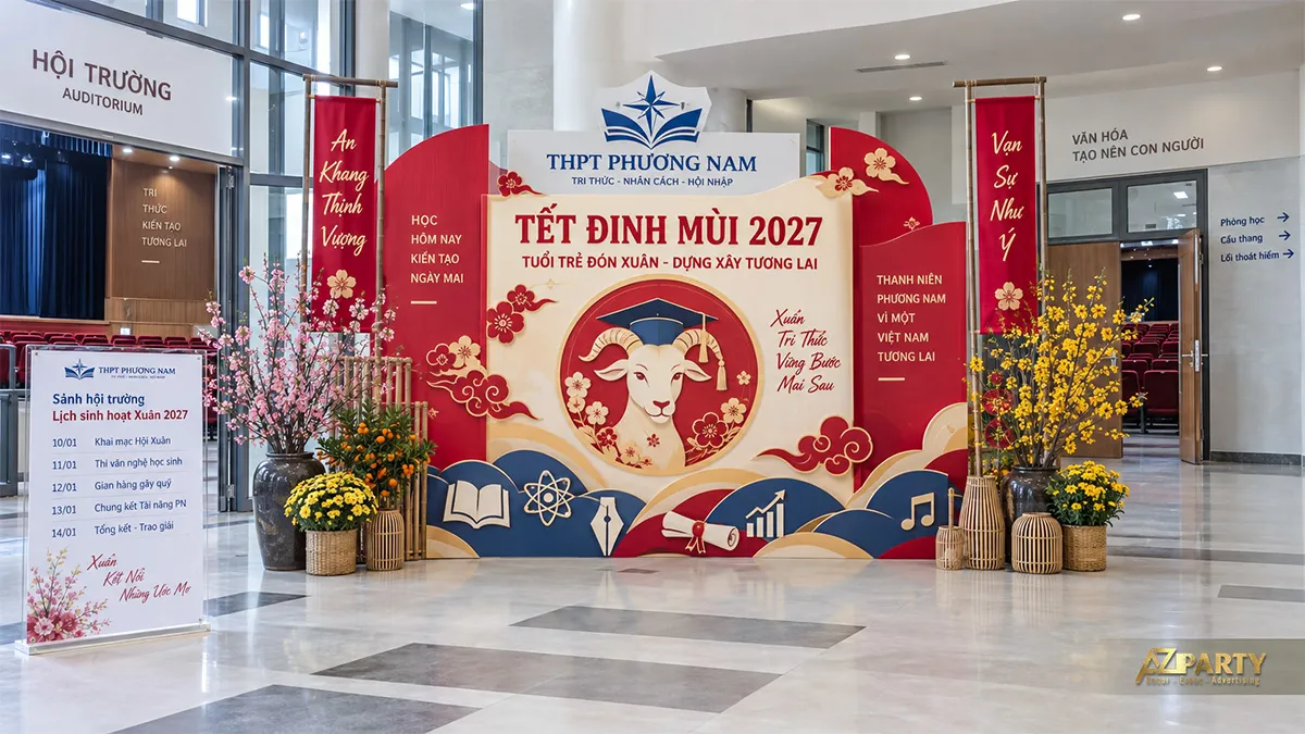 Góc check-in trước hội trường với linh vật dê đội mũ tốt nghiệp