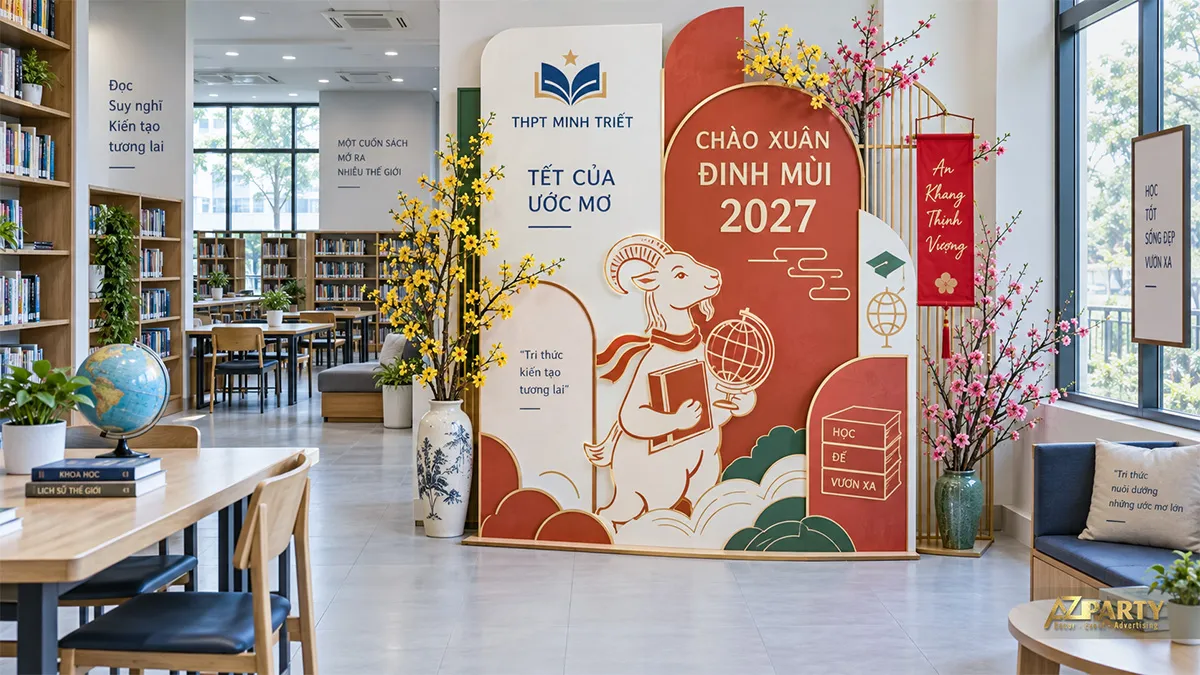 Tiểu cảnh đón xuân trong thư viện với linh vật dê cầm sách và quả địa cầu