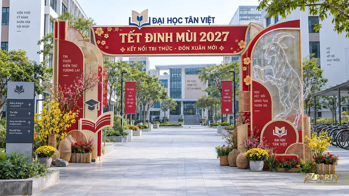 Cổng Tết khuôn viên đại học với hình dê đọc sách bằng khung lưới
