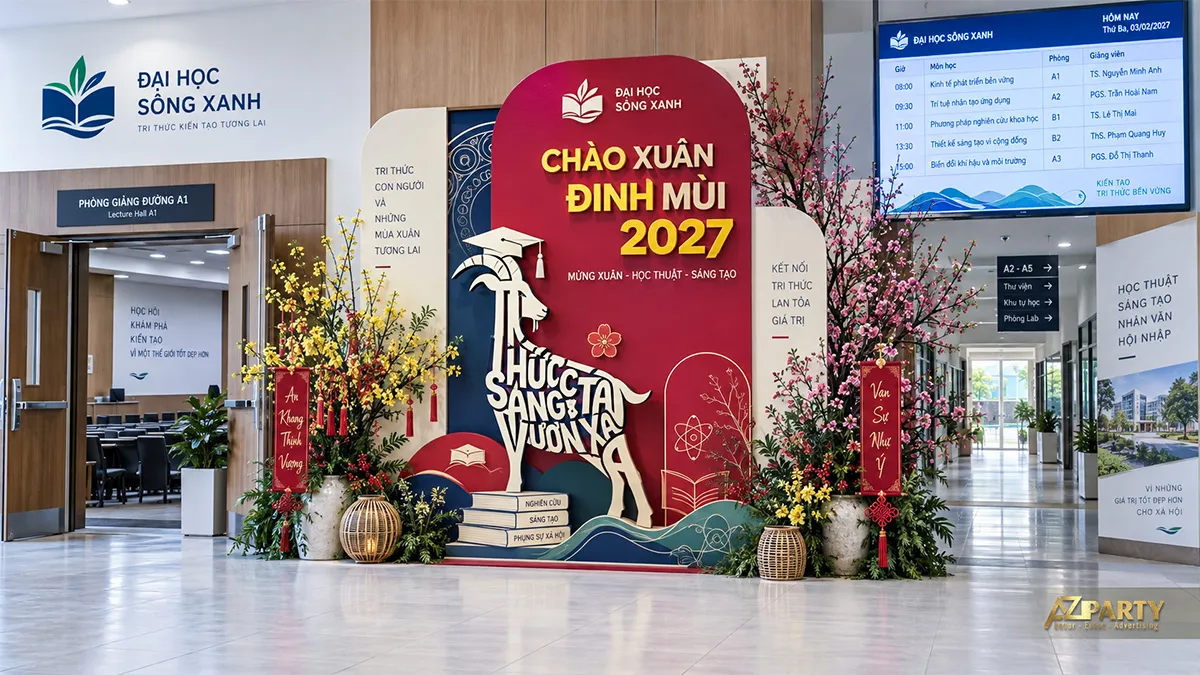 Backdrop đại học tại sảnh giảng đường với thông điệp học thuật và sáng tạo