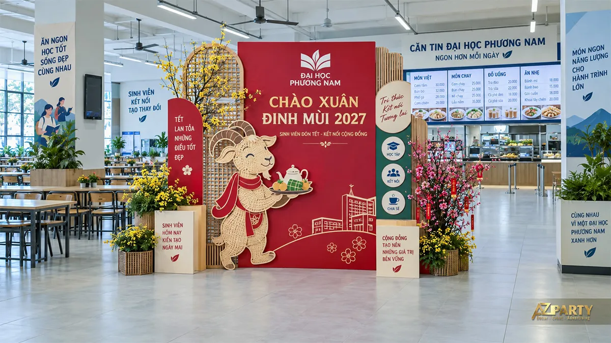 Tiểu cảnh Tết ở căn tin đại học với linh vật dê bưng khay bánh chưng