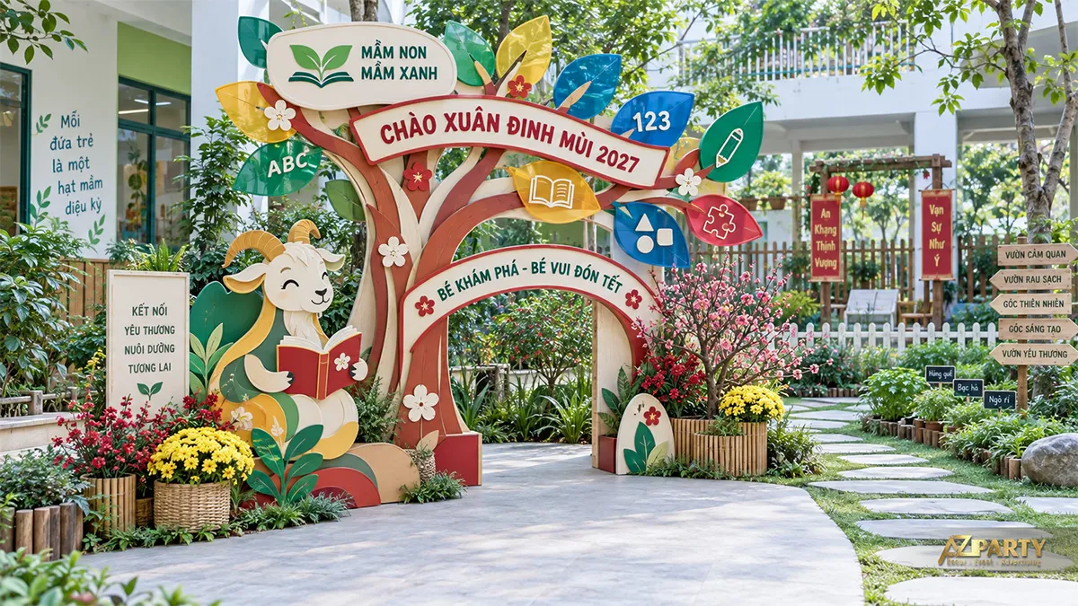Cổng vườn trải nghiệm mầm non tạo hình cây xanh và linh vật dê đọc sách