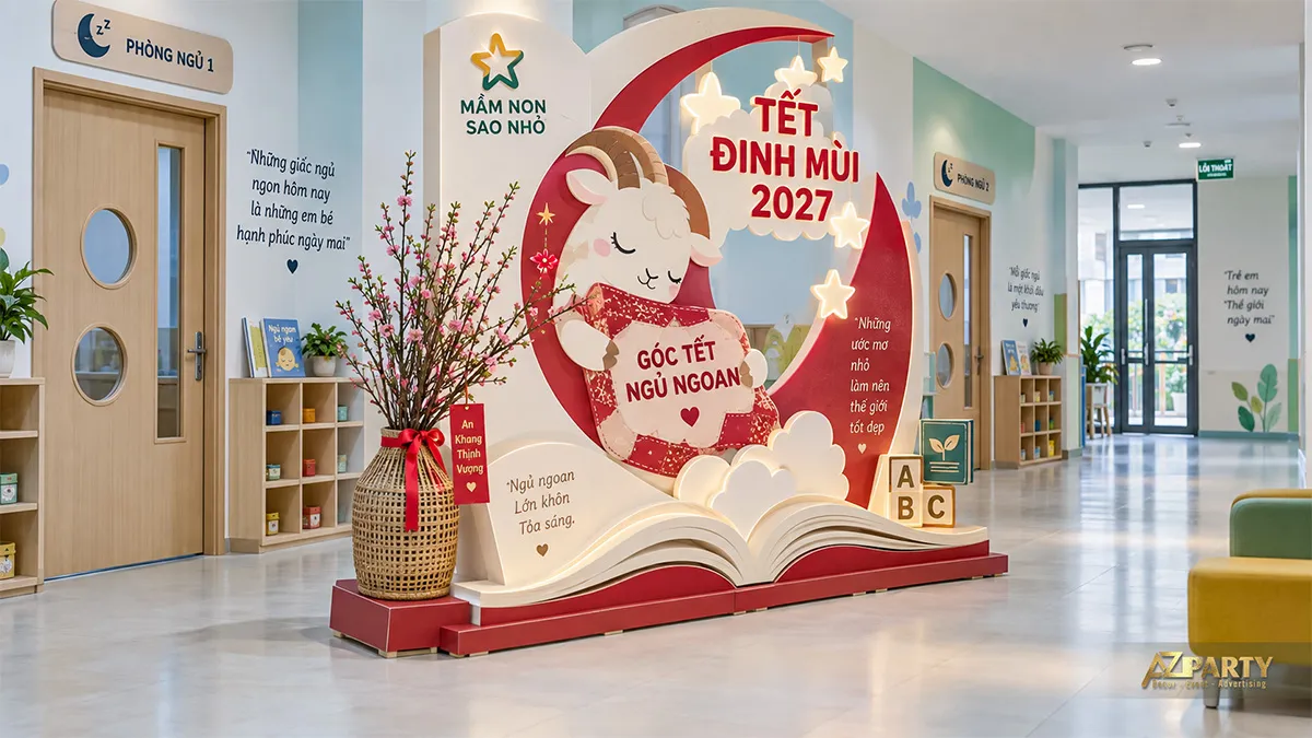 Góc Tết ngủ ngoan ở hành lang mầm non với trăng sao và cuốn sách mở