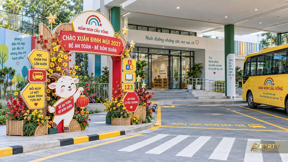 Cổng đón trẻ mầm non với biển báo an toàn, khối ABC và xe đưa đón