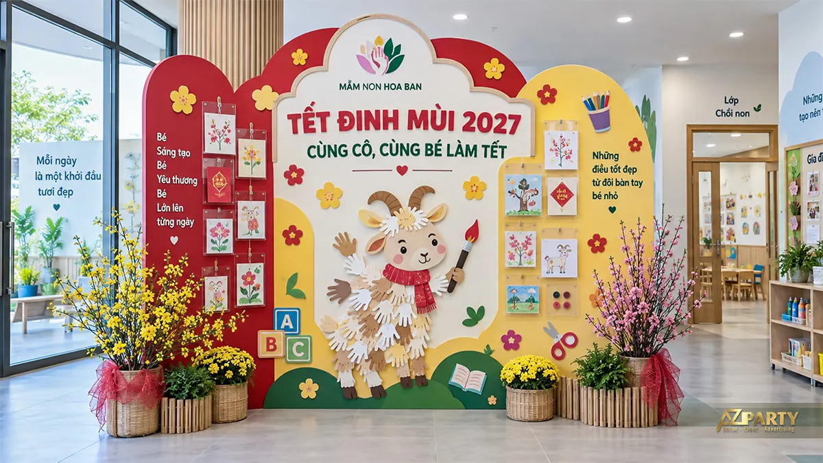 Backdrop trưng bày tranh của bé với linh vật dê làm từ dấu bàn tay