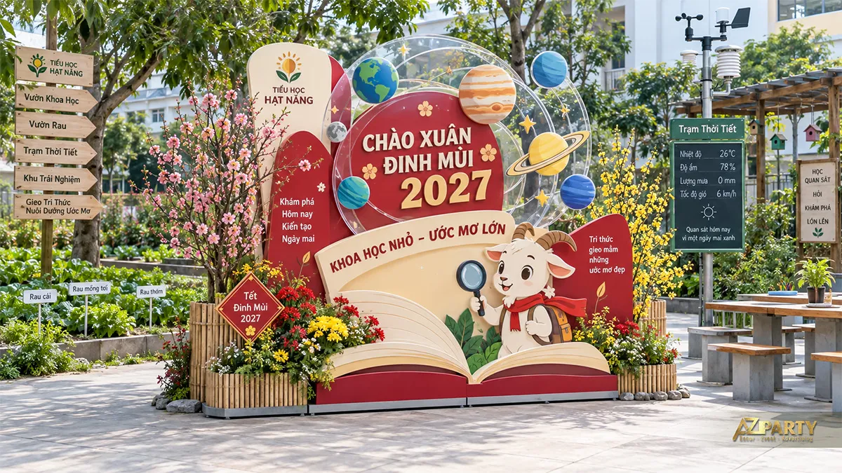 Tiểu cảnh khoa học ngoài trời với các hành tinh và linh vật dê cầm kính lúp