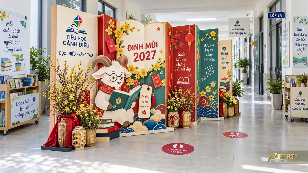 Backdrop đọc sách tại hành lang lớp học với linh vật dê đeo kính