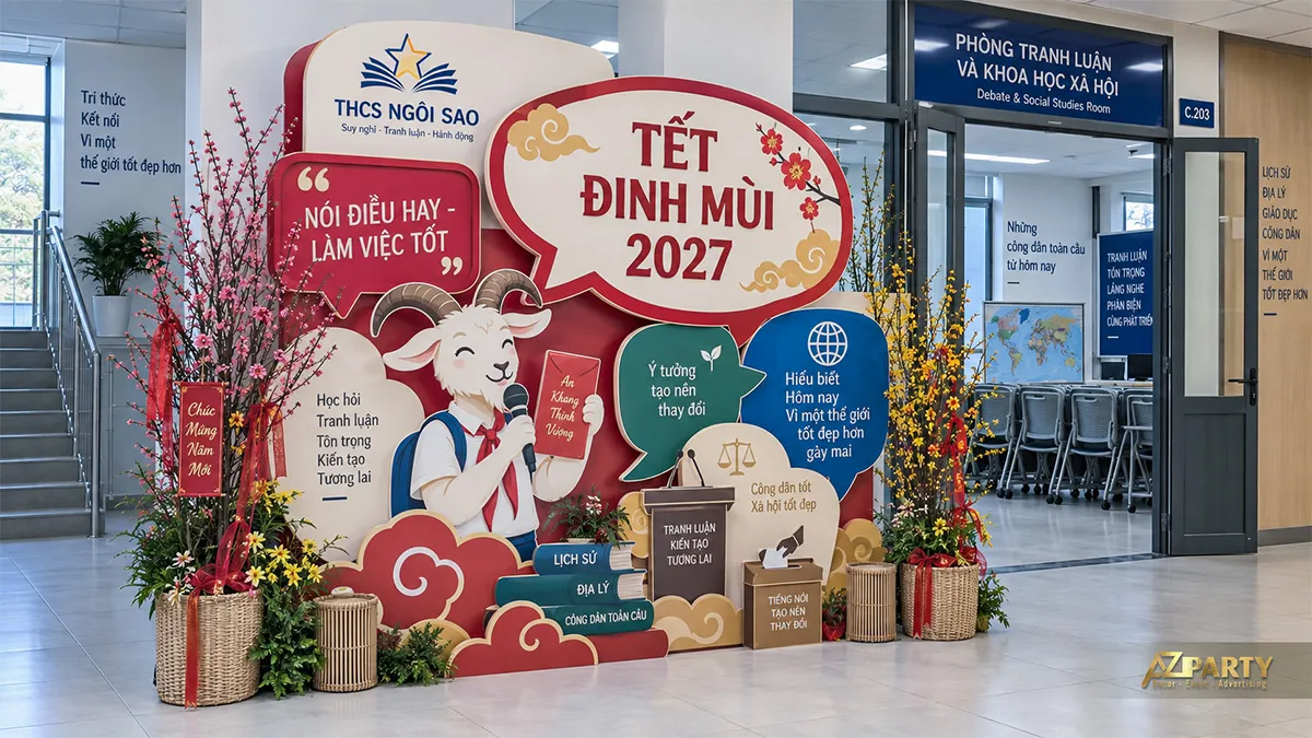 Tiểu cảnh phòng tranh luận với các ô hội thoại và linh vật học sinh