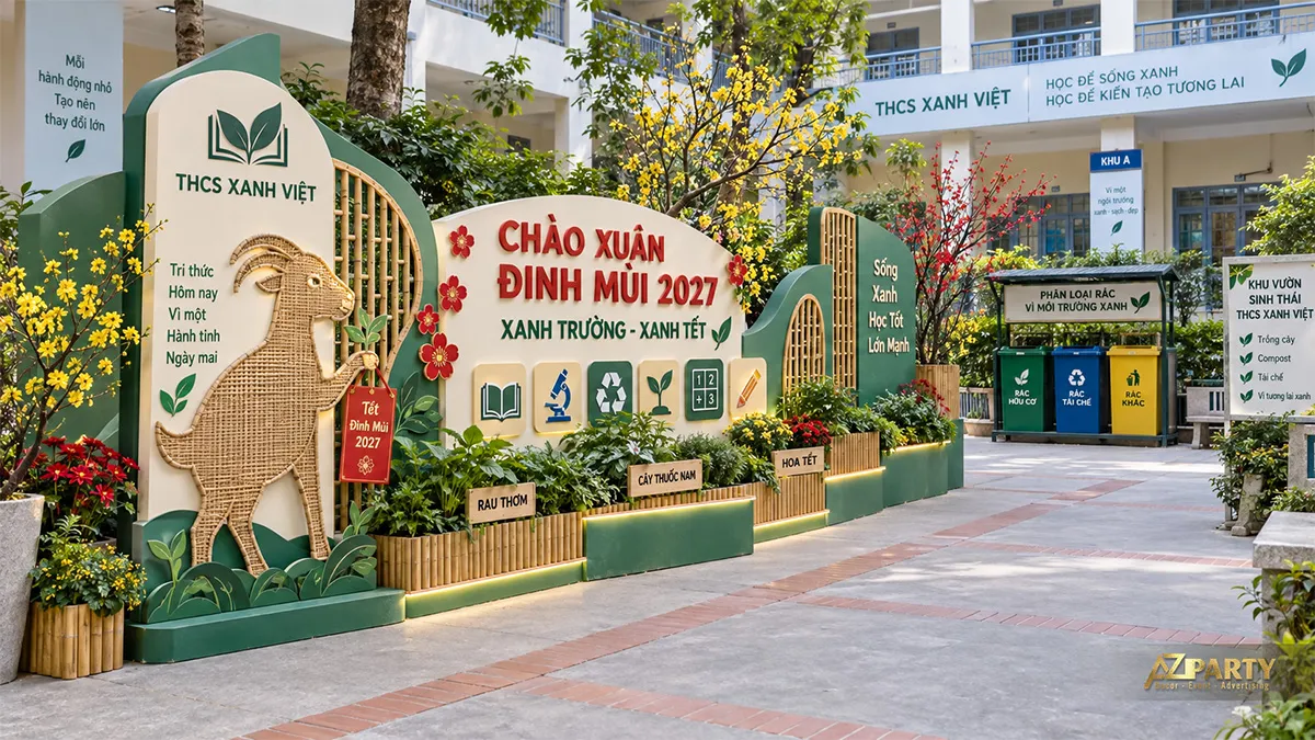 Mảng trang trí sân trường xanh với dê đan tre và khu vườn cây nhỏ