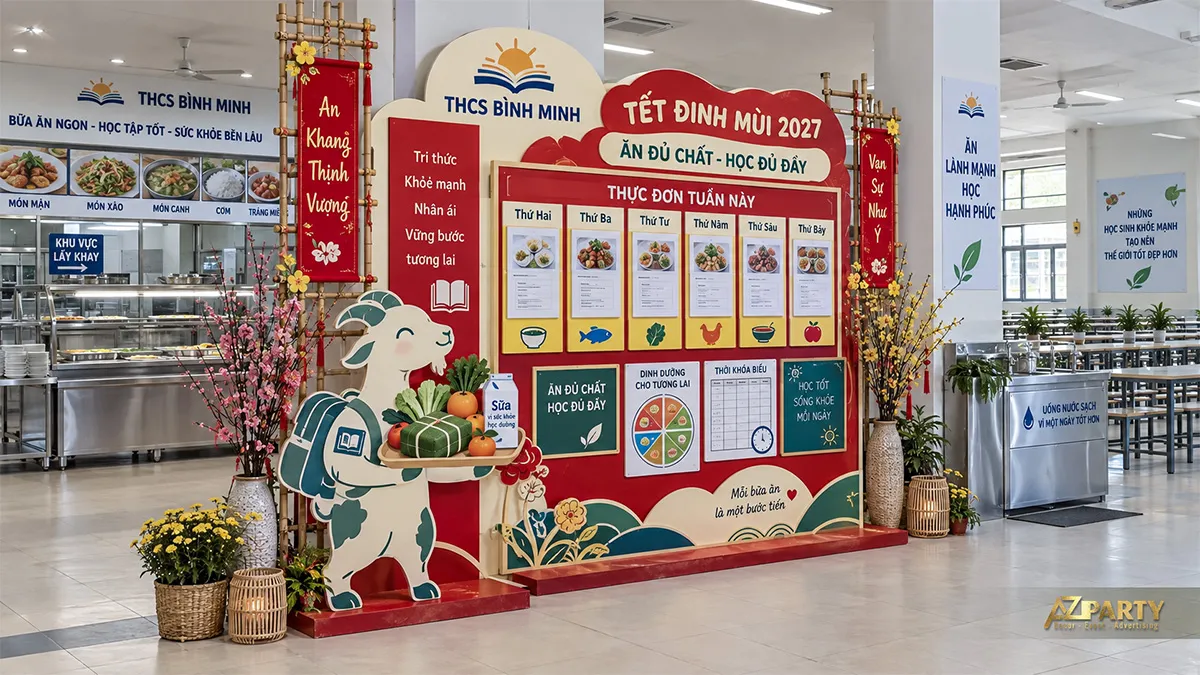 Backdrop thực đơn tuần tại căn tin với linh vật dê mang rau quả