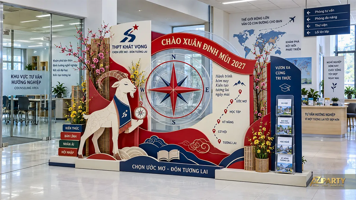 Góc hướng nghiệp tại sảnh trường với la bàn lớn và lộ trình ước mơ